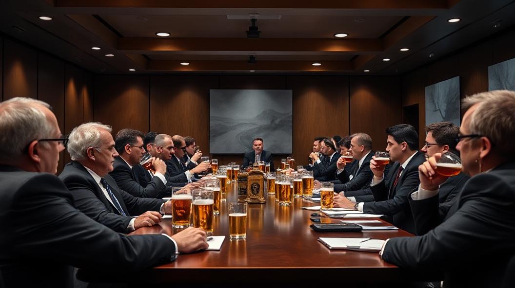 A boardroom setting with many people in suits drinking beer