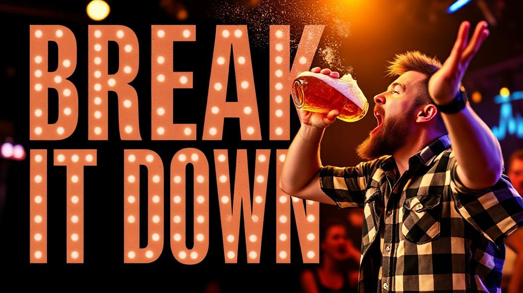 Break it down in big letters with a man drinking beer celebrating on the right hand side