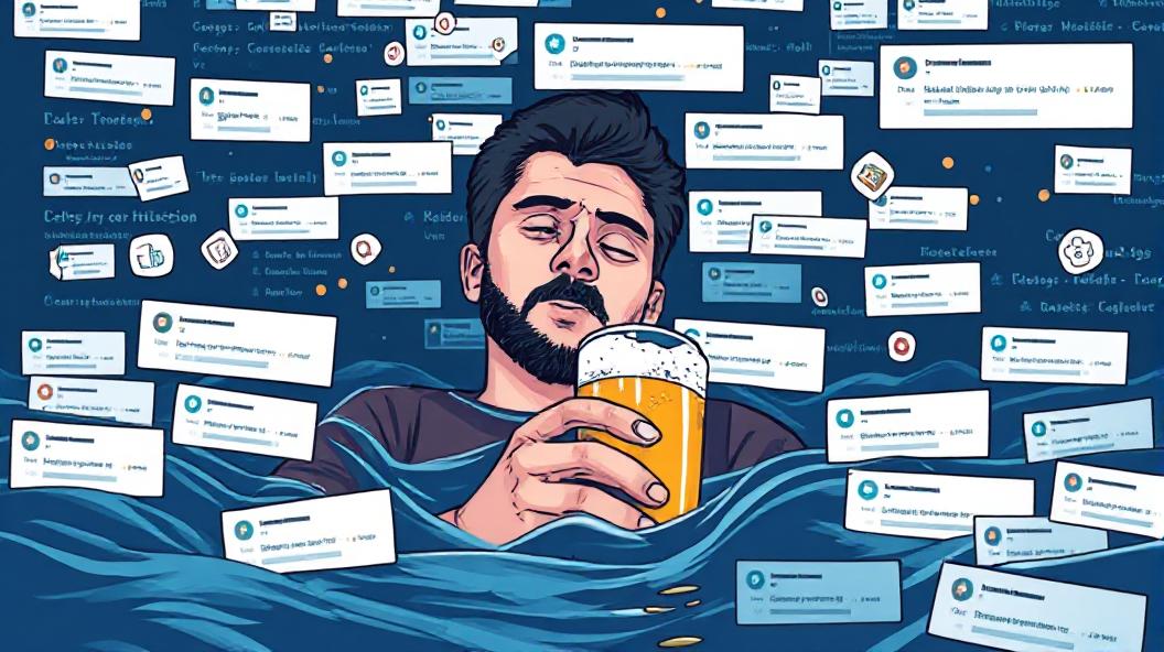 A developer drowning in a sea of notifications while holding a beer