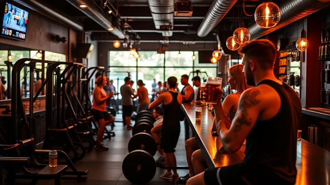 a bar that has gym equipment on the left hand side with people working out and some people drinking beer on the right