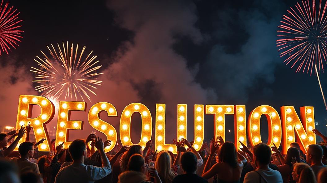 the word resolution lit up with fireworks in the background