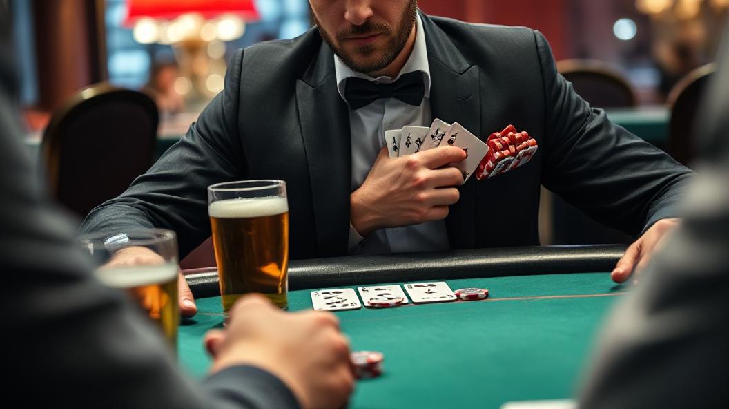 A man cheating at the game of poker hiding cards in his sleve sitting at a poker table with beer
