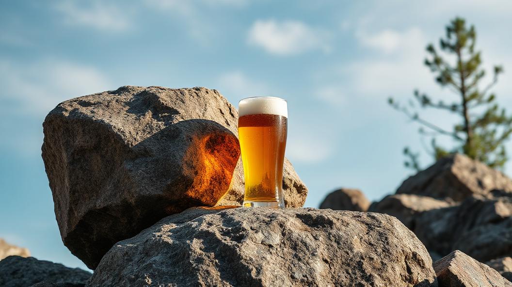 A big rock with a pint of beer resting on it